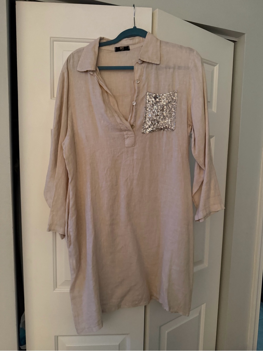 NT Sequin Pocket beige linen beige dress med